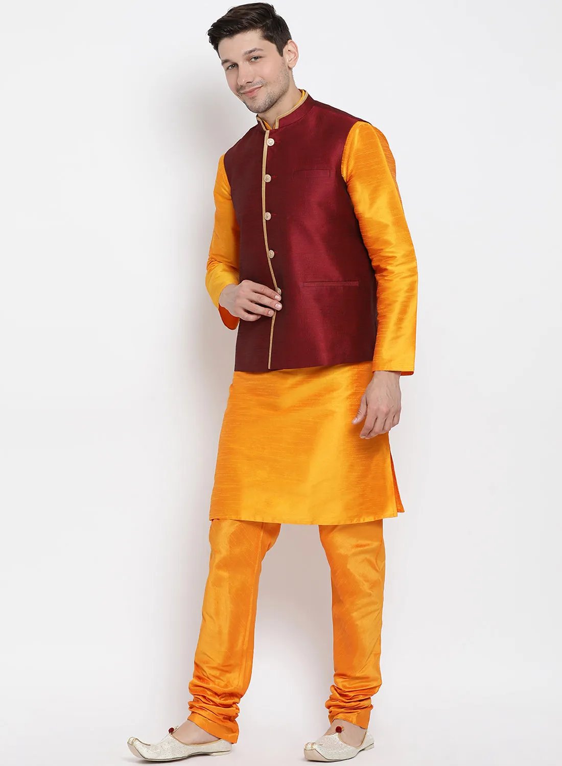 VASTRAMAY Men's Orange Cotton Silk Blend Kurta, Ethnic Jacket and Pyjama Set