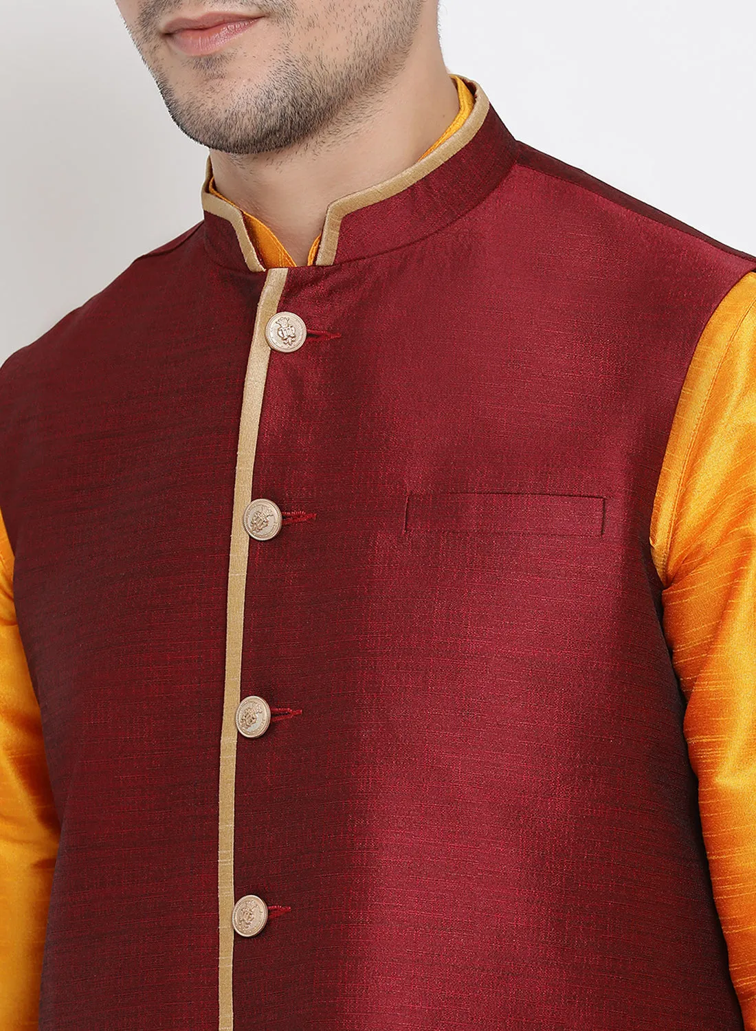 VASTRAMAY Men's Orange Cotton Silk Blend Kurta, Ethnic Jacket and Pyjama Set