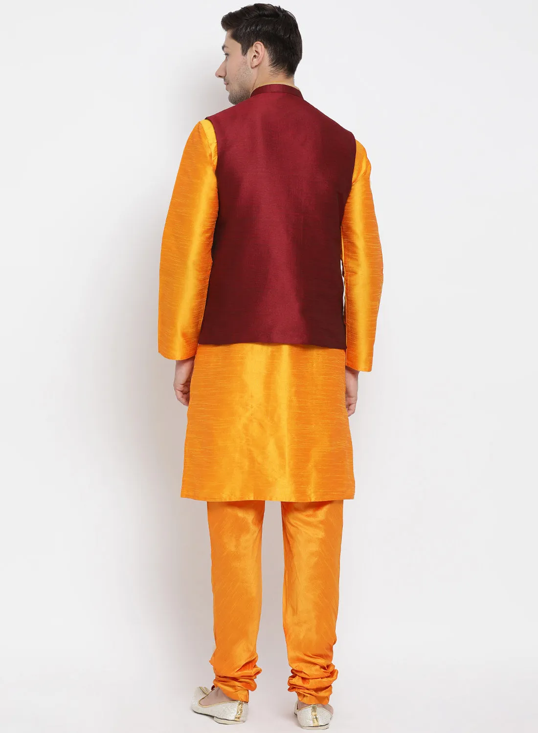 VASTRAMAY Men's Orange Cotton Silk Blend Kurta, Ethnic Jacket and Pyjama Set