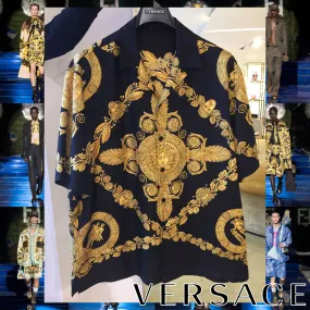 VERSACE  |Flower Patterns Silk Street Style Short Sleeves Logo Luxury