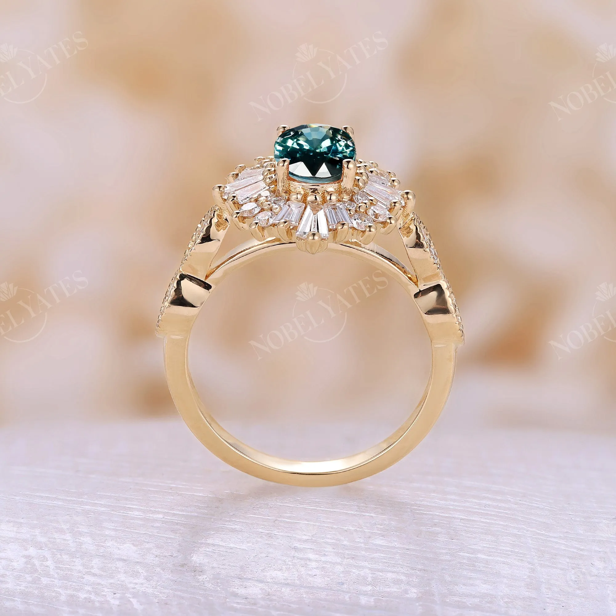 Vintage Art Deco Oval Teal Sapphire Rose Gold Engagement Ring Halo