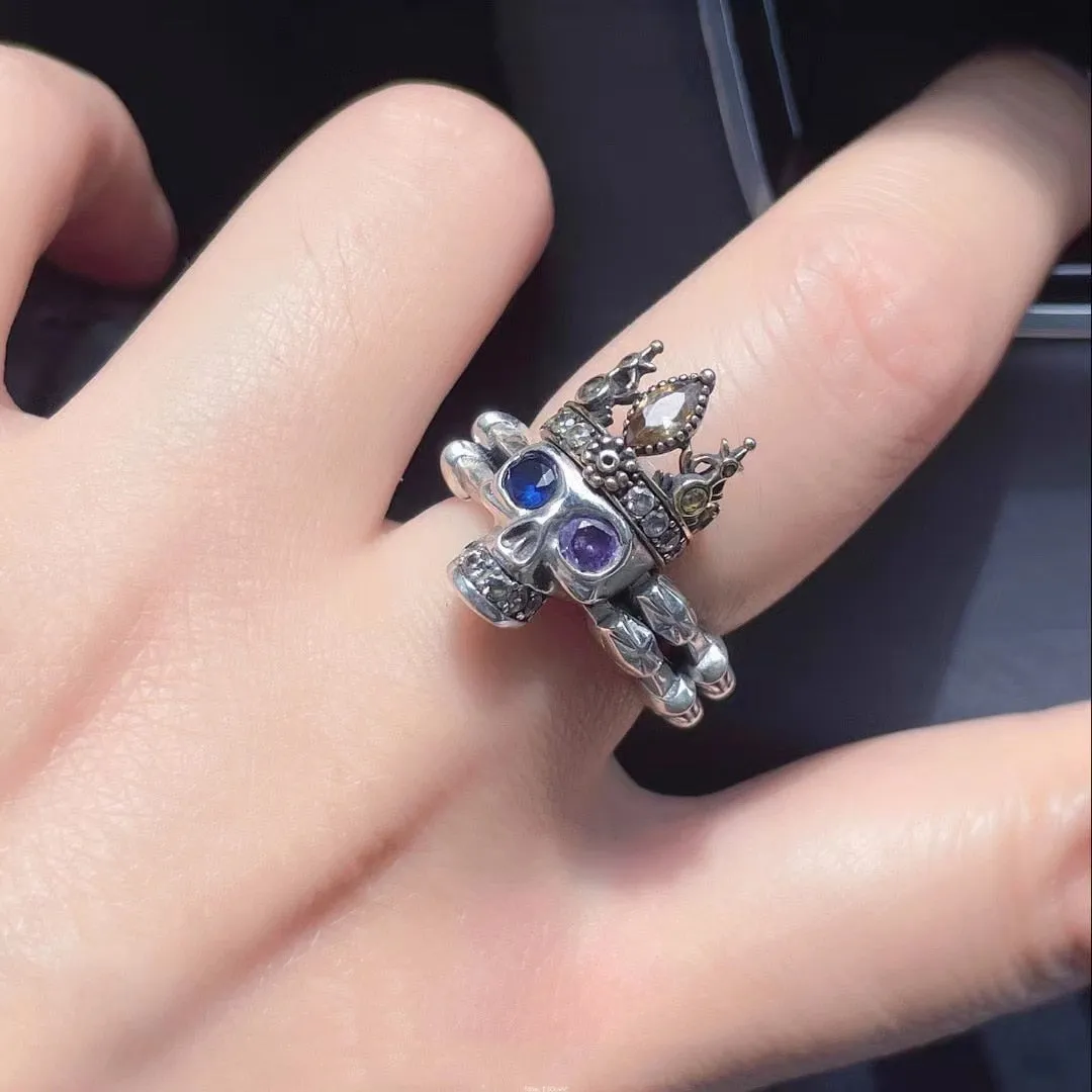 Vintage Gothic Blue Purple Zircon Crown Skull Ring