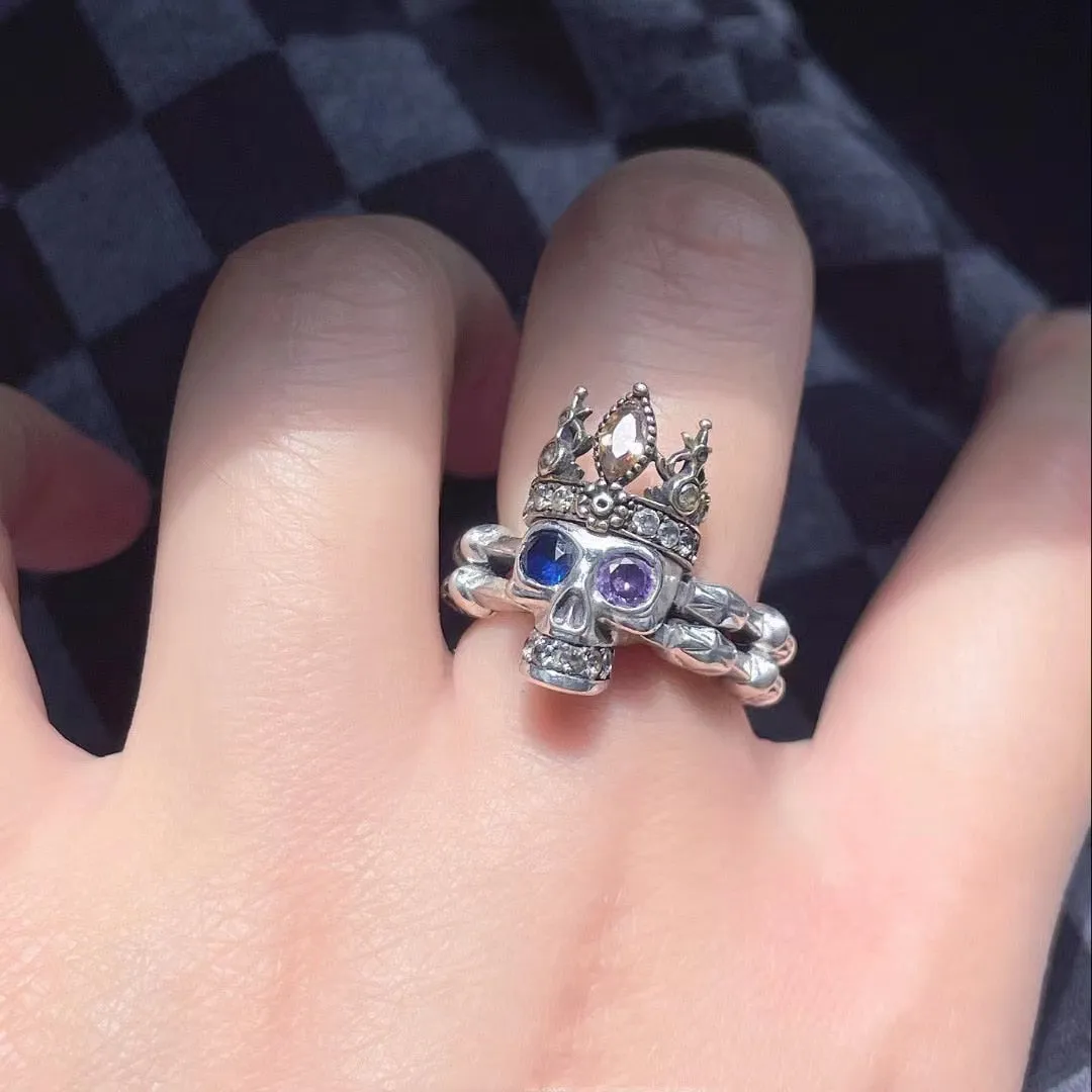 Vintage Gothic Blue Purple Zircon Crown Skull Ring