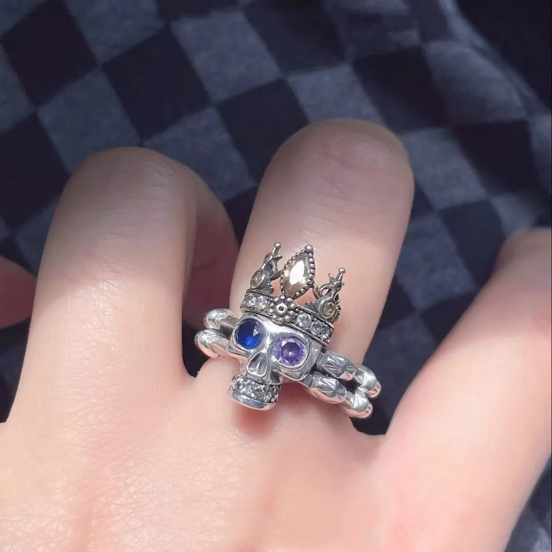 Vintage Gothic Blue Purple Zircon Crown Skull Ring