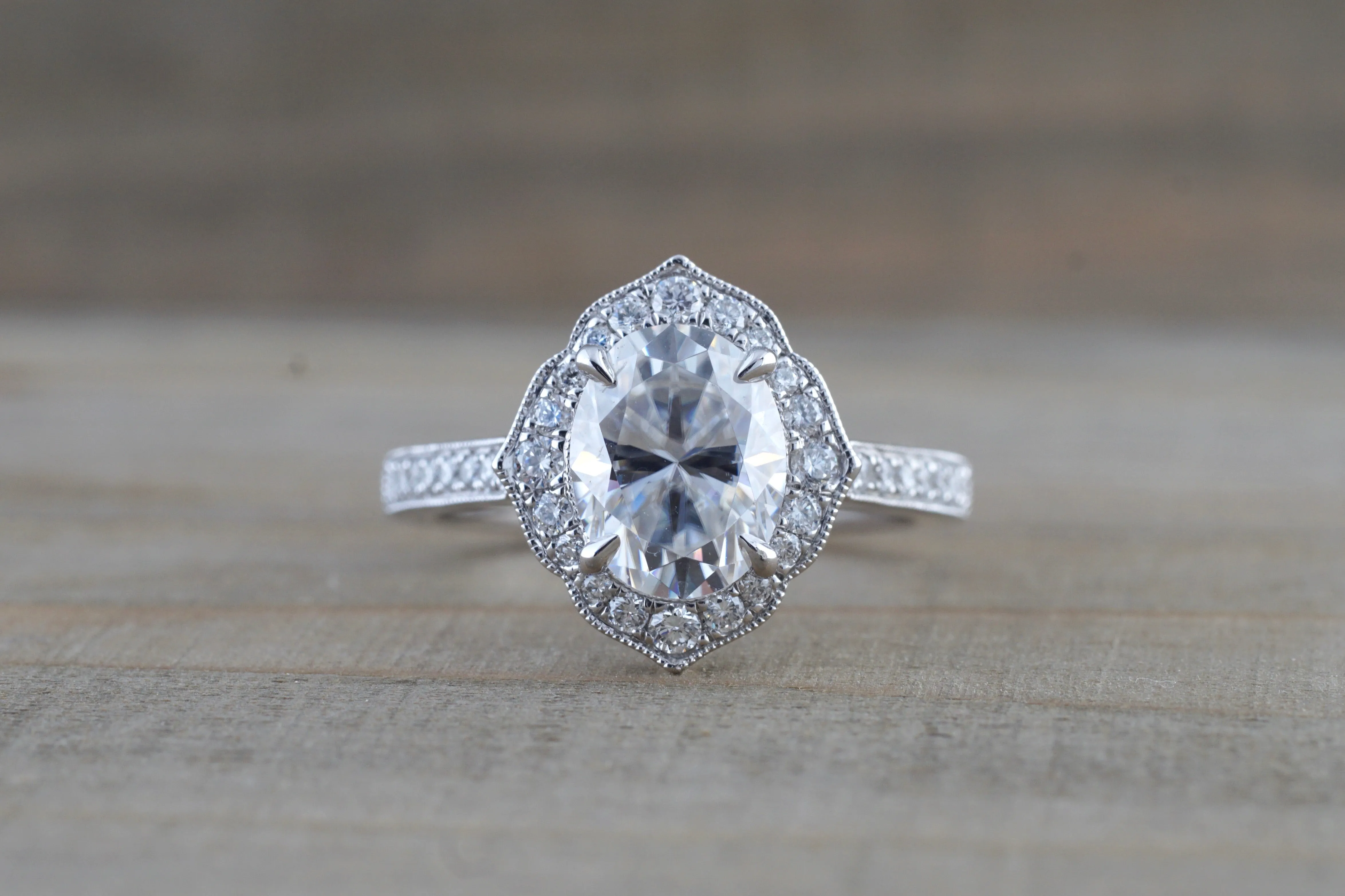 Vintage Moissanite 9x7mm Oval Diamond Halo Engagement Ring M3093