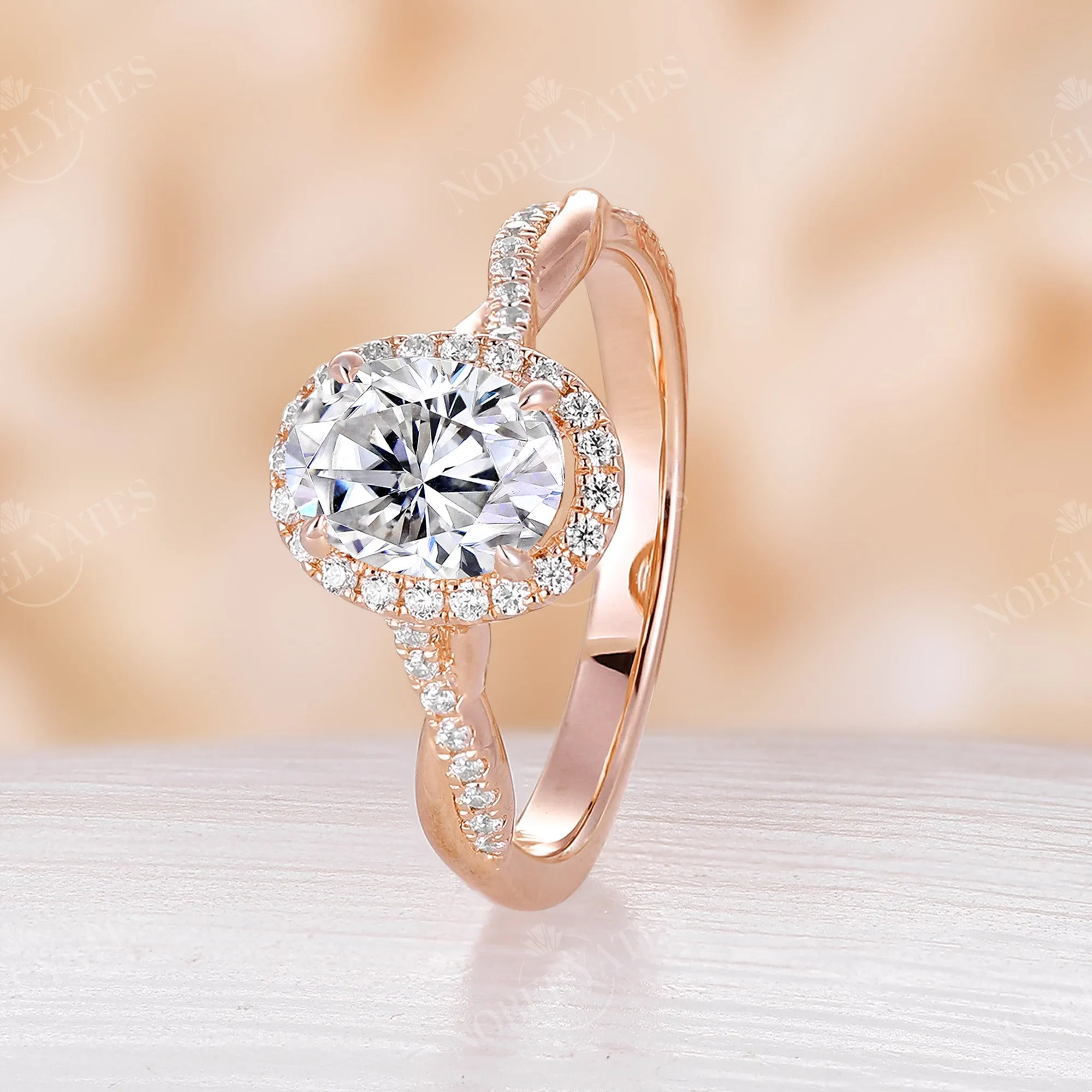 Vintage Oval Moissanite Halo&Twist Engagement Ring Rose Gold