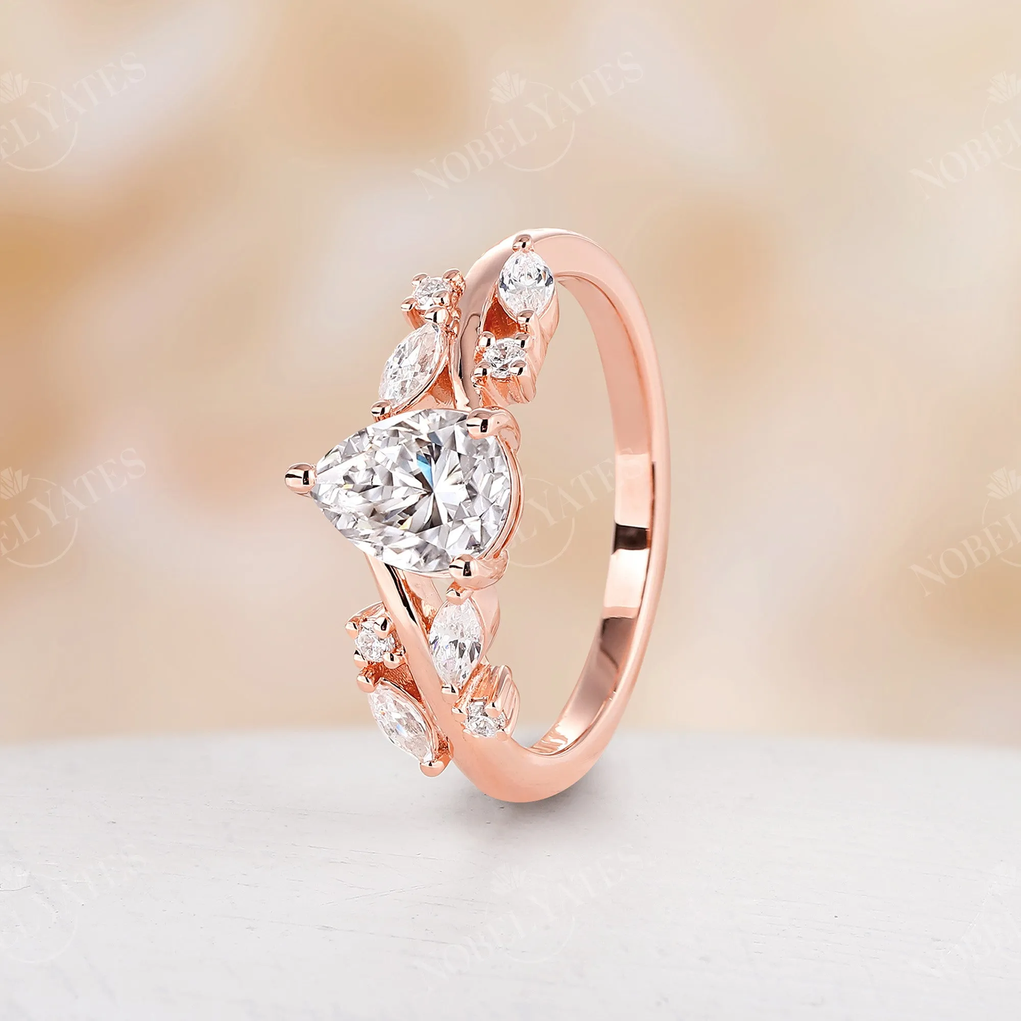 Vintage Pear Shape Moissanite Rose Gold Twig Engagement Ring