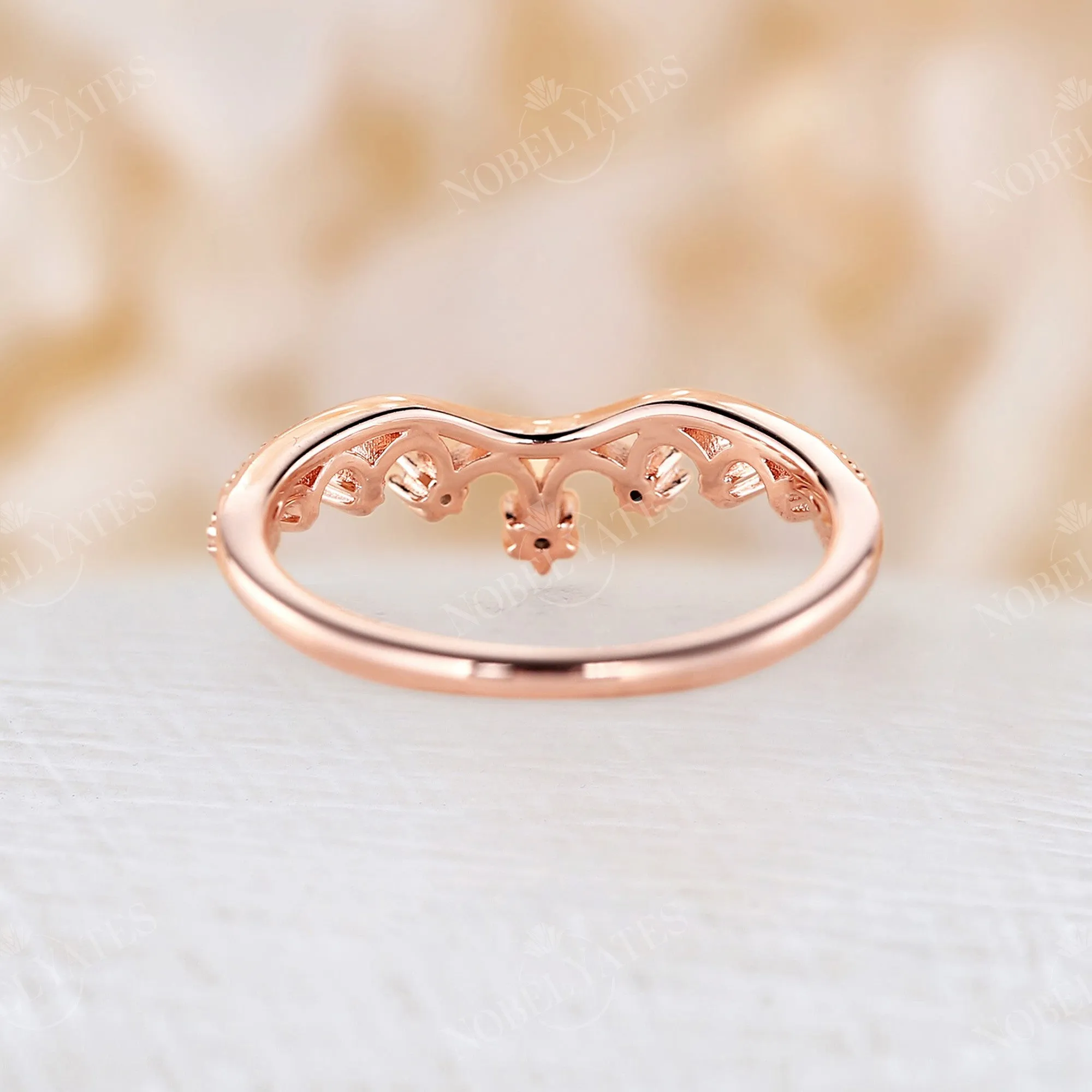 Vintage Round Cut Moissanite Milgrain Curved Wedding Band Rose Gold