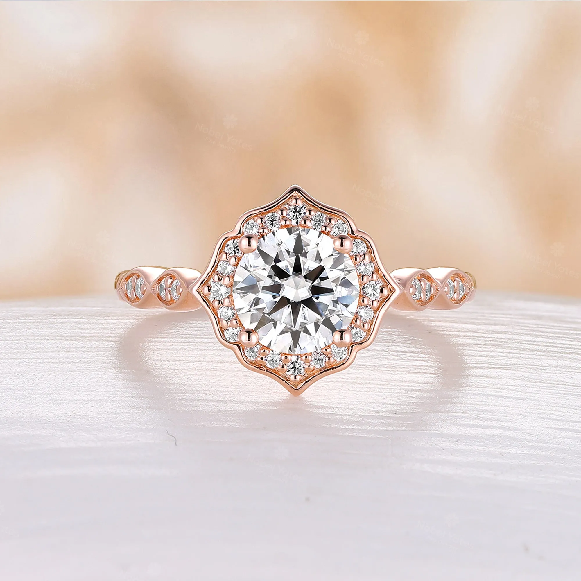 Vintage Round Moissanite Half Eternity Engagement Ring Halo Rose Gold