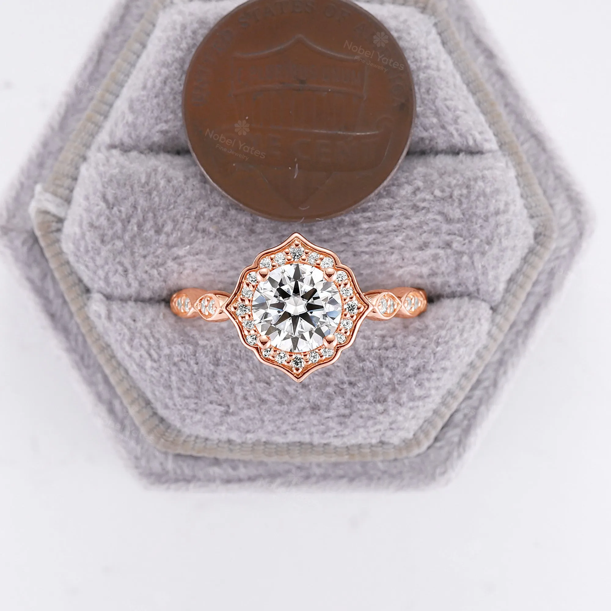 Vintage Round Moissanite Half Eternity Engagement Ring Halo Rose Gold