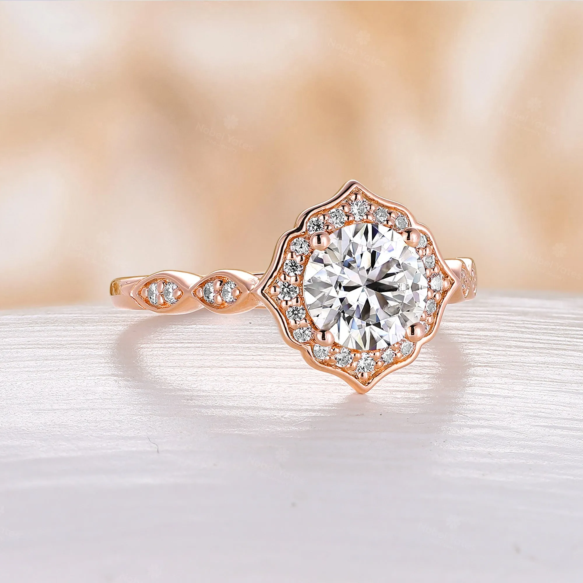 Vintage Round Moissanite Half Eternity Engagement Ring Halo Rose Gold