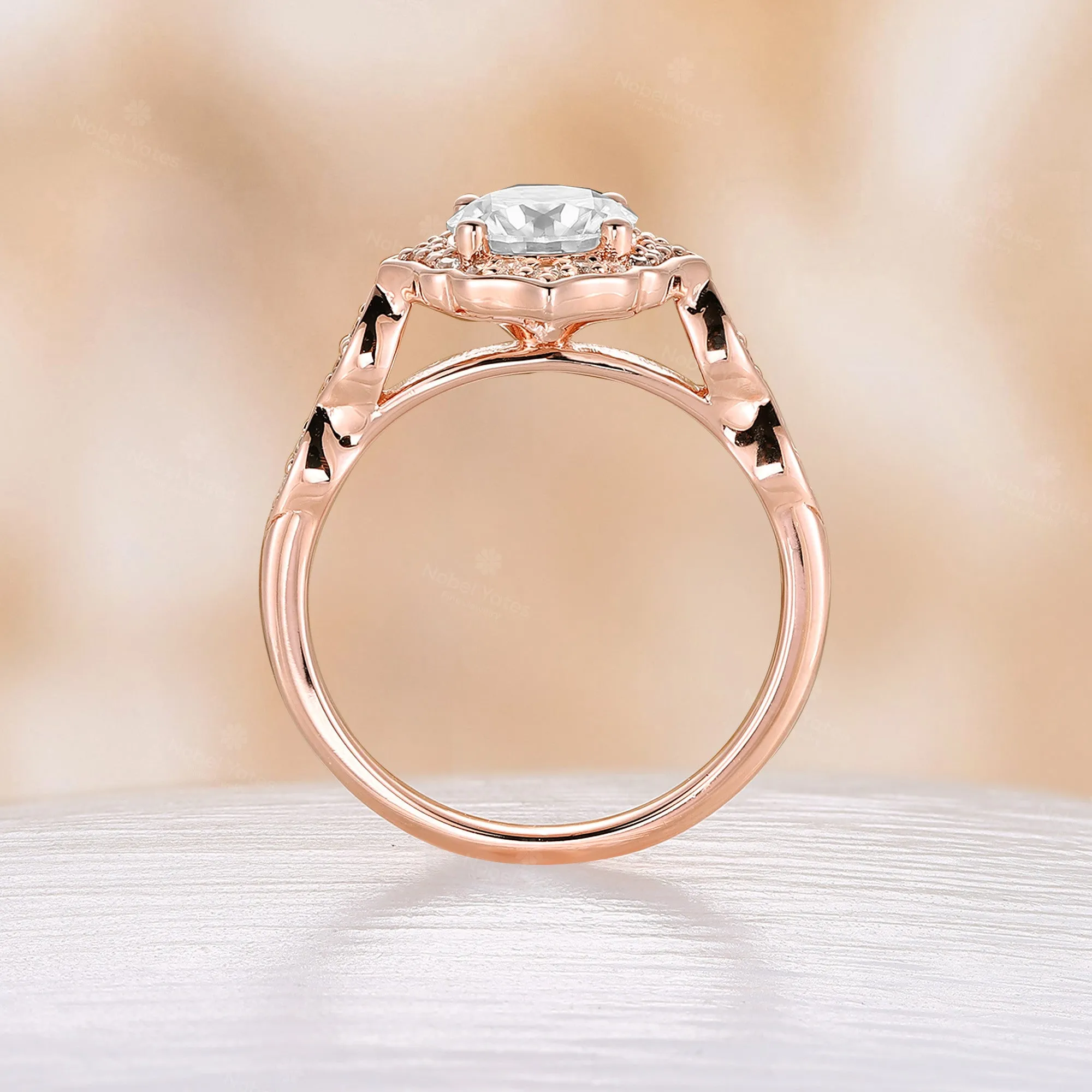 Vintage Round Moissanite Half Eternity Engagement Ring Halo Rose Gold