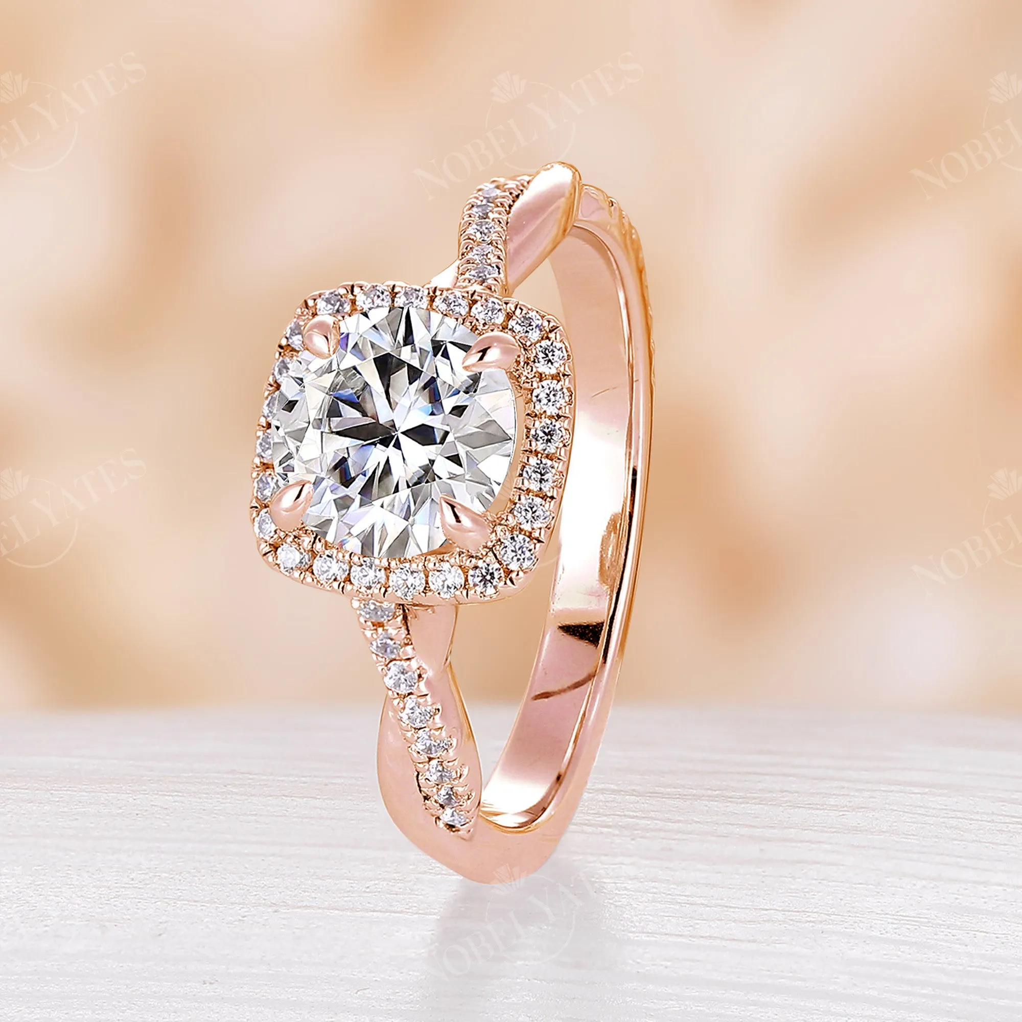 Vintage Round Moissanite Halo&Twist Engagement Ring Rose Gold