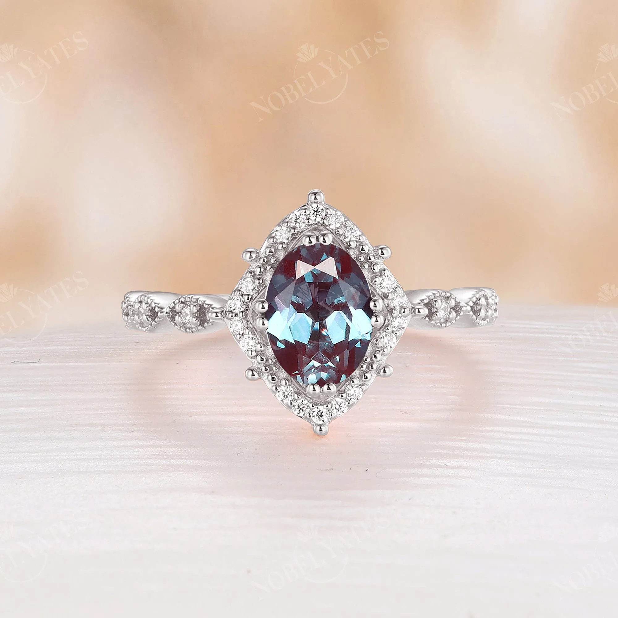 Vintage Teal Sapphire Engagement Ring Oval Milgrain White Gold