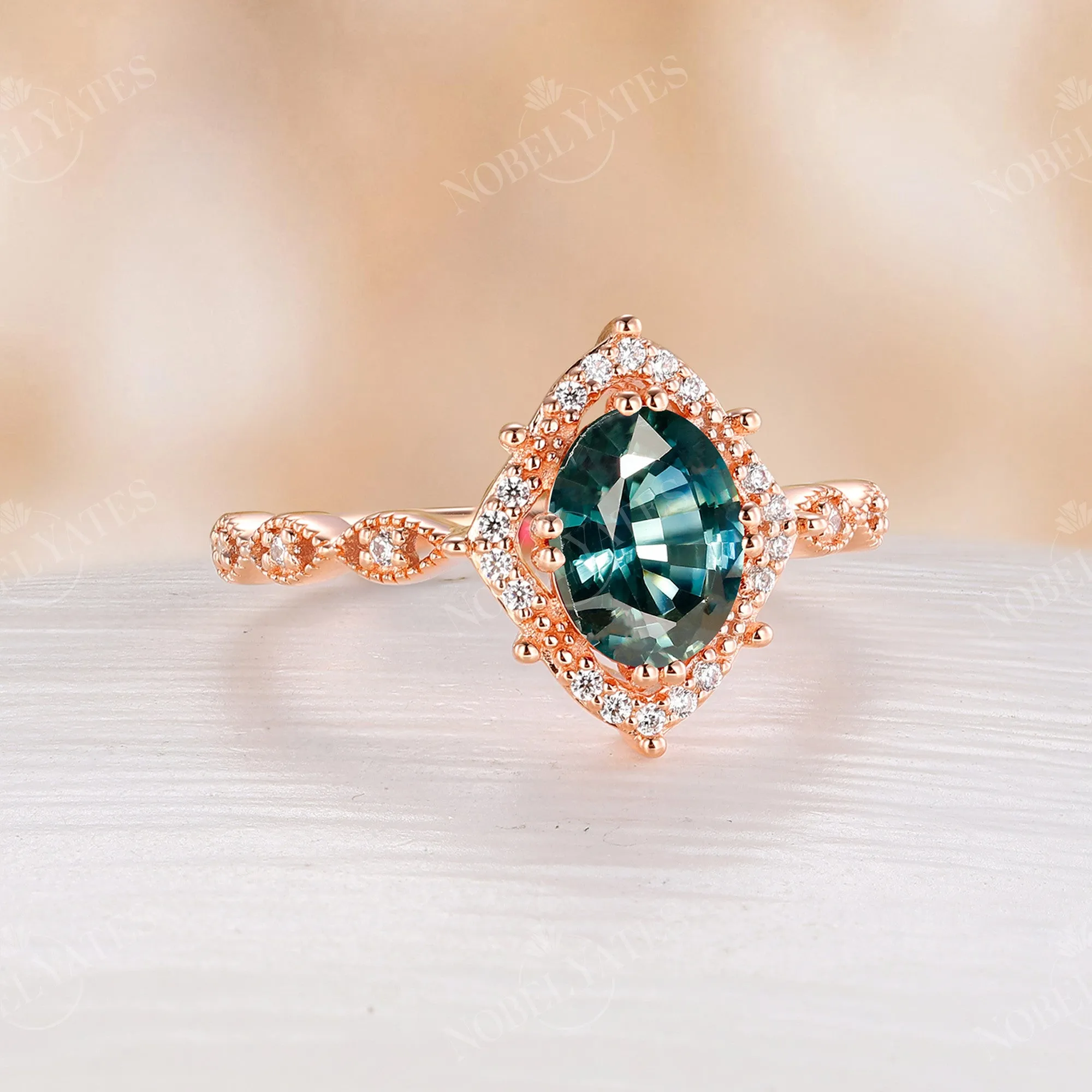 Vintage Teal Sapphire Engagement Ring Oval Milgrain White Gold