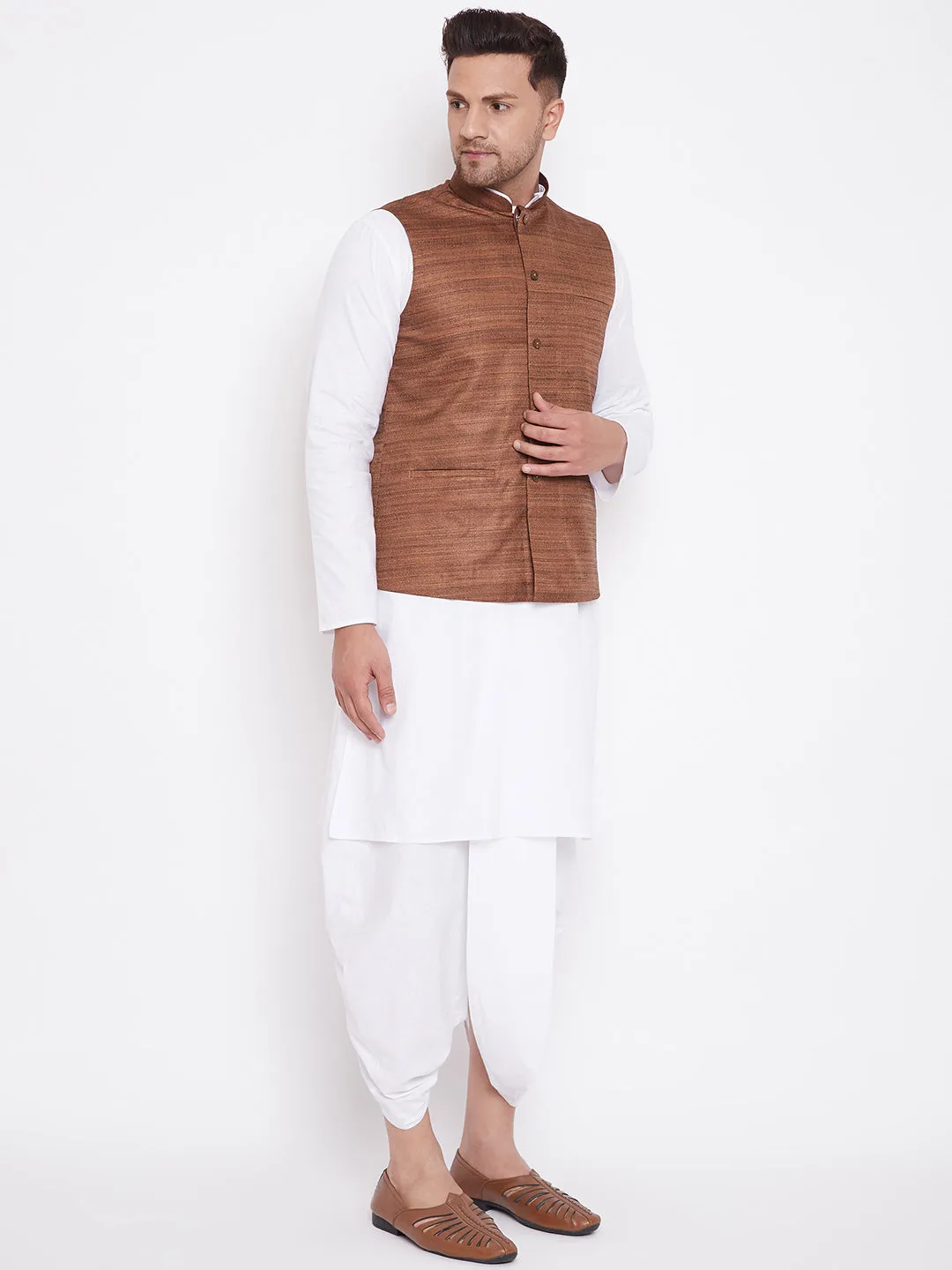 VM BY Vastramay Men's Coffee Brown And White Cotton Blend Jacket, Kurta and Dhoti Set