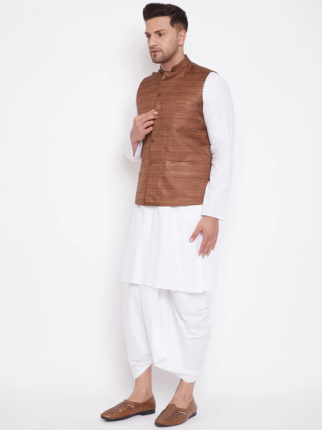 VM BY Vastramay Men's Coffee Brown And White Cotton Blend Jacket, Kurta and Dhoti Set