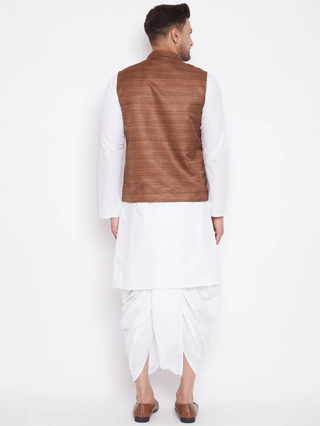 VM BY Vastramay Men's Coffee Brown And White Cotton Blend Jacket, Kurta and Dhoti Set