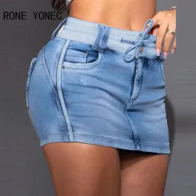 Women Casual Drawstring Pocket Skinny Straight Jeans Denim Skirt Shorts