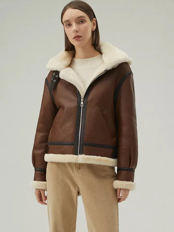 Women’s Chocolate Brown Leather Shearling Jacket With Removable Hood