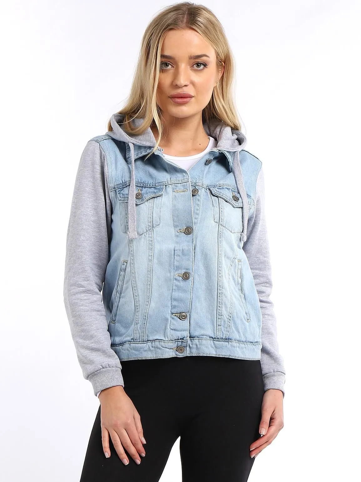 Womens Jersey Hood and Sleeve Denim Jacket, Bleach Wash, Dark Blue, UK Sizes 8 to 16